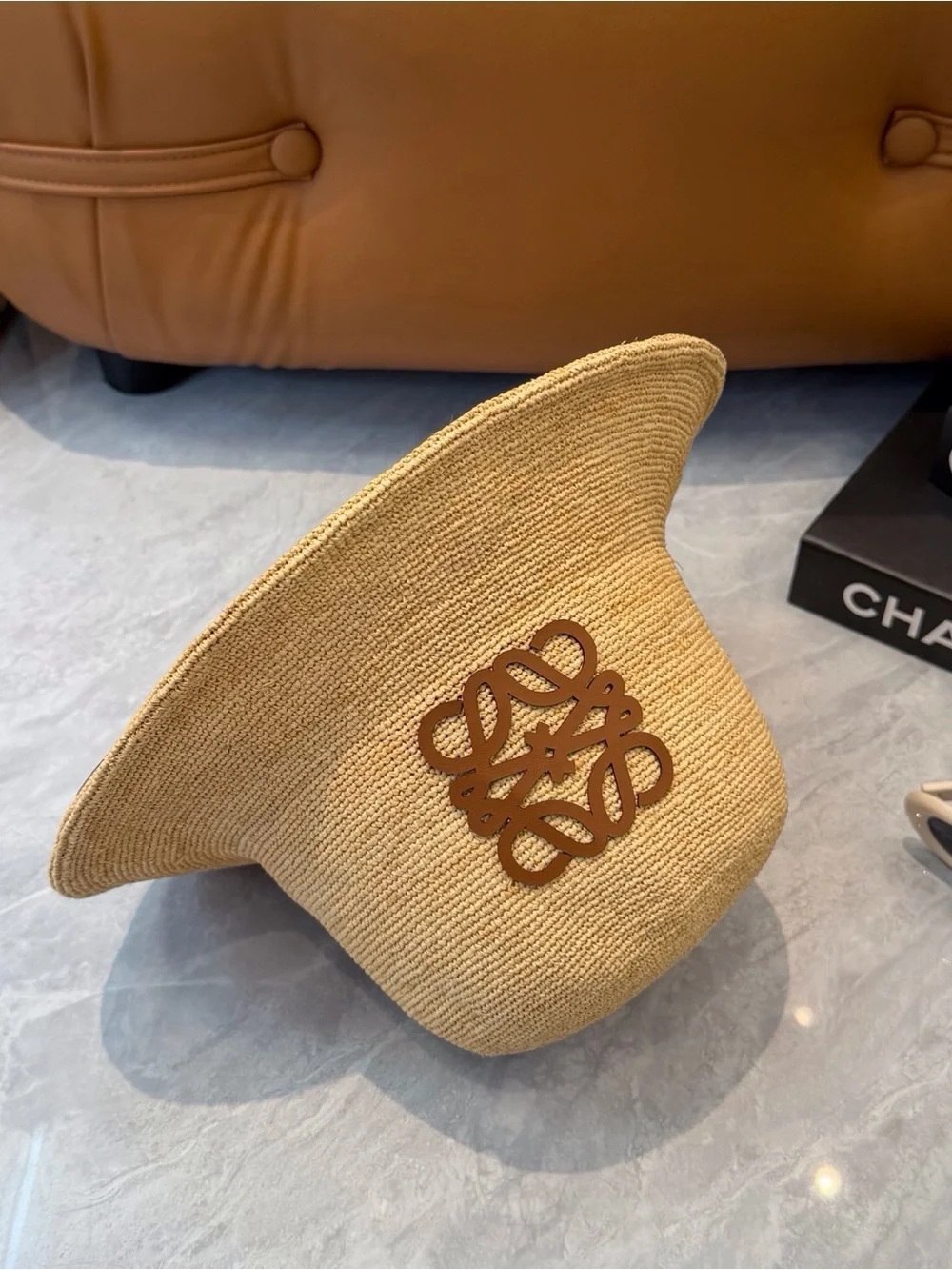 Loewe Tan Straw Bucket Hat with Leather Anagram Accent
